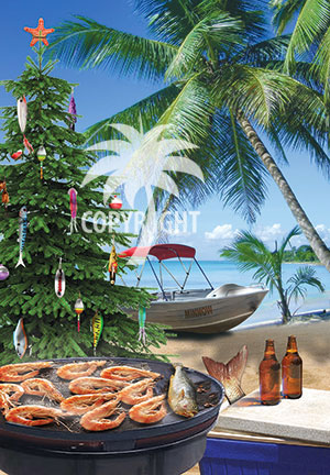 Beach BBQ Christmas with prawns on BBQ and fishing boat