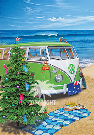 beach surfing christmas with kombi